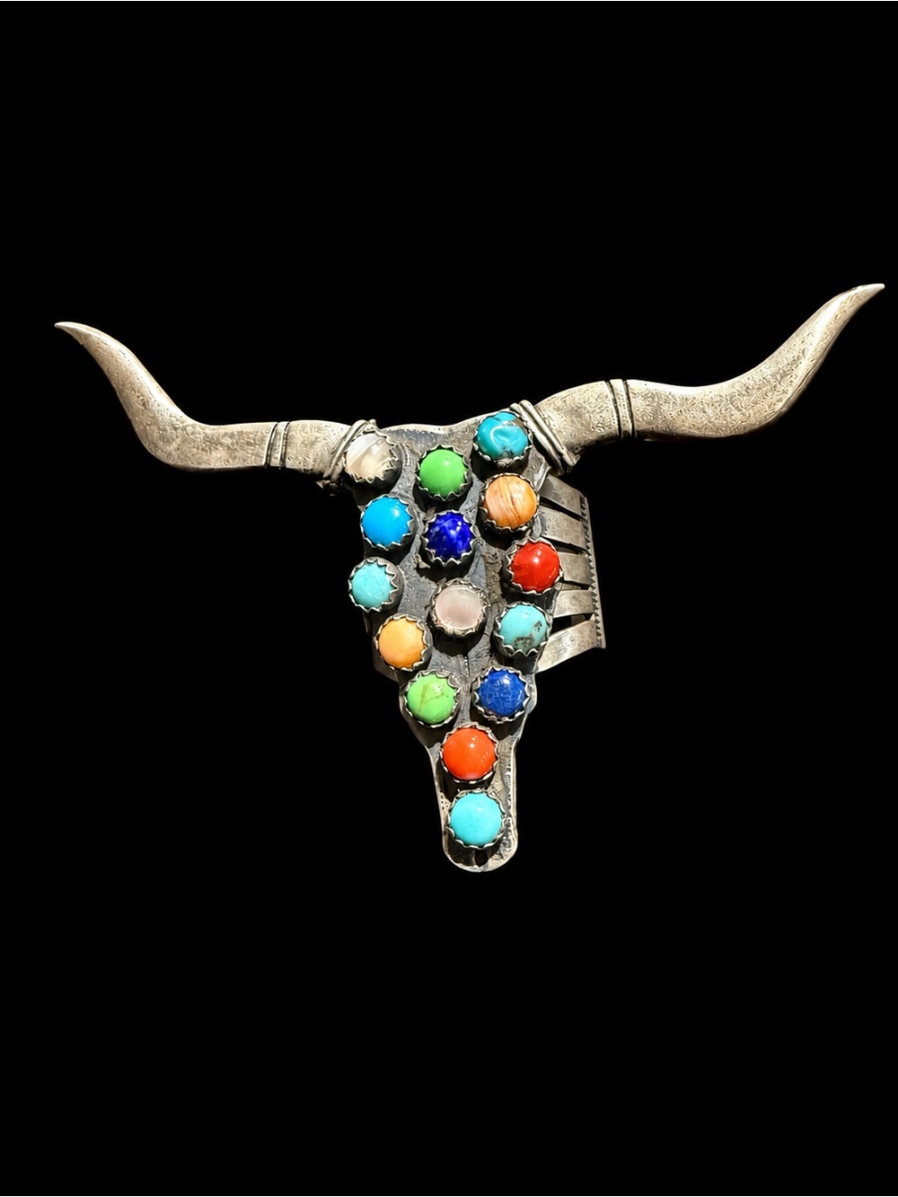 Multi-Stone Bullhead Ring signed Yazzie Colorful Cabochons